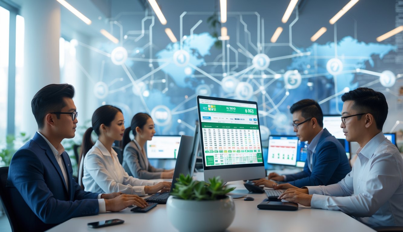 Orang-orang bekerja di kantor modern dengan perangkat digital yang menampilkan permainan togel online, suasana profesional dan terpercaya.