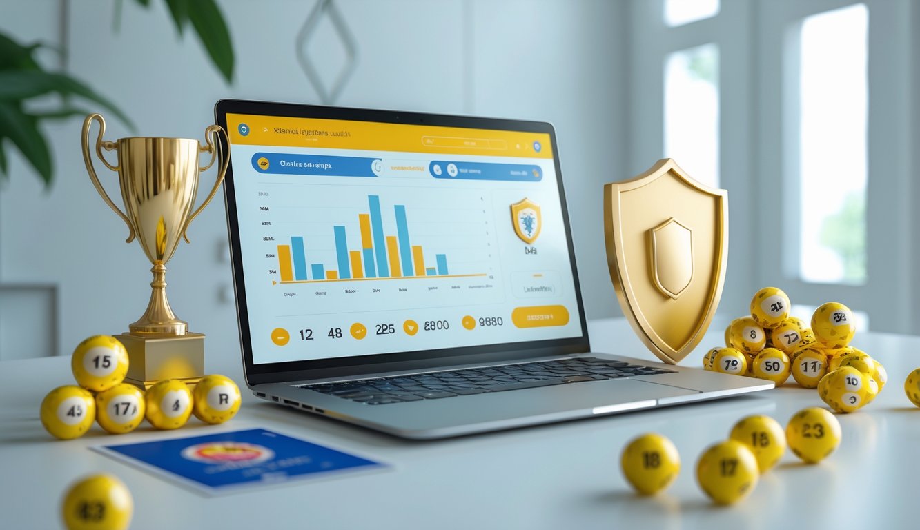 Meja kerja modern dengan laptop yang menampilkan antarmuka lotere digital, bola lotere, dan simbol keamanan yang menunjukkan layanan lotere online terpercaya di Indonesia.