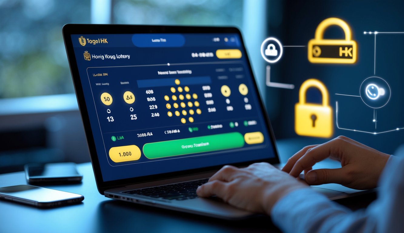 Seseorang menggunakan laptop di meja kerja modern dengan elemen yang menunjukkan transaksi cepat dan aman dalam permainan lotere online.