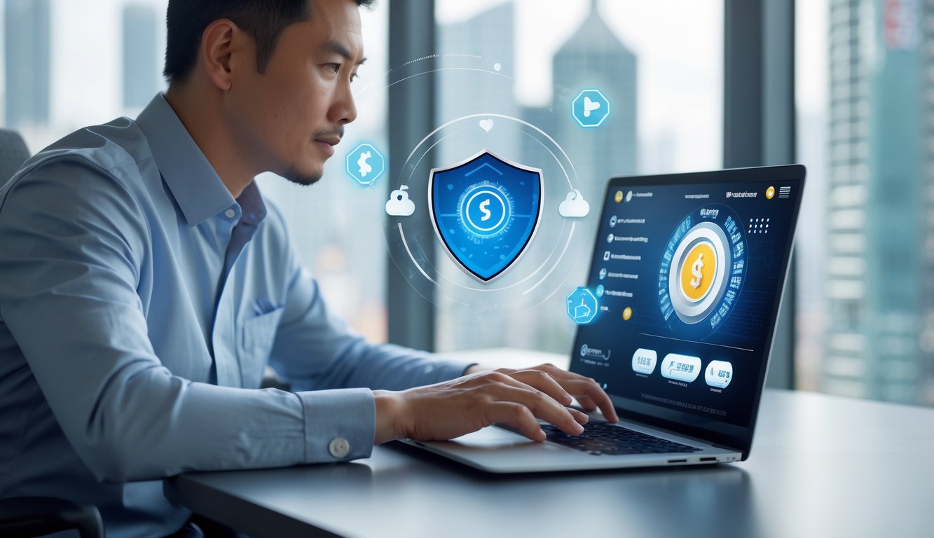 Seorang pria Asia menggunakan laptop di ruang kerja modern dengan latar kota Hong Kong terlihat melalui jendela.