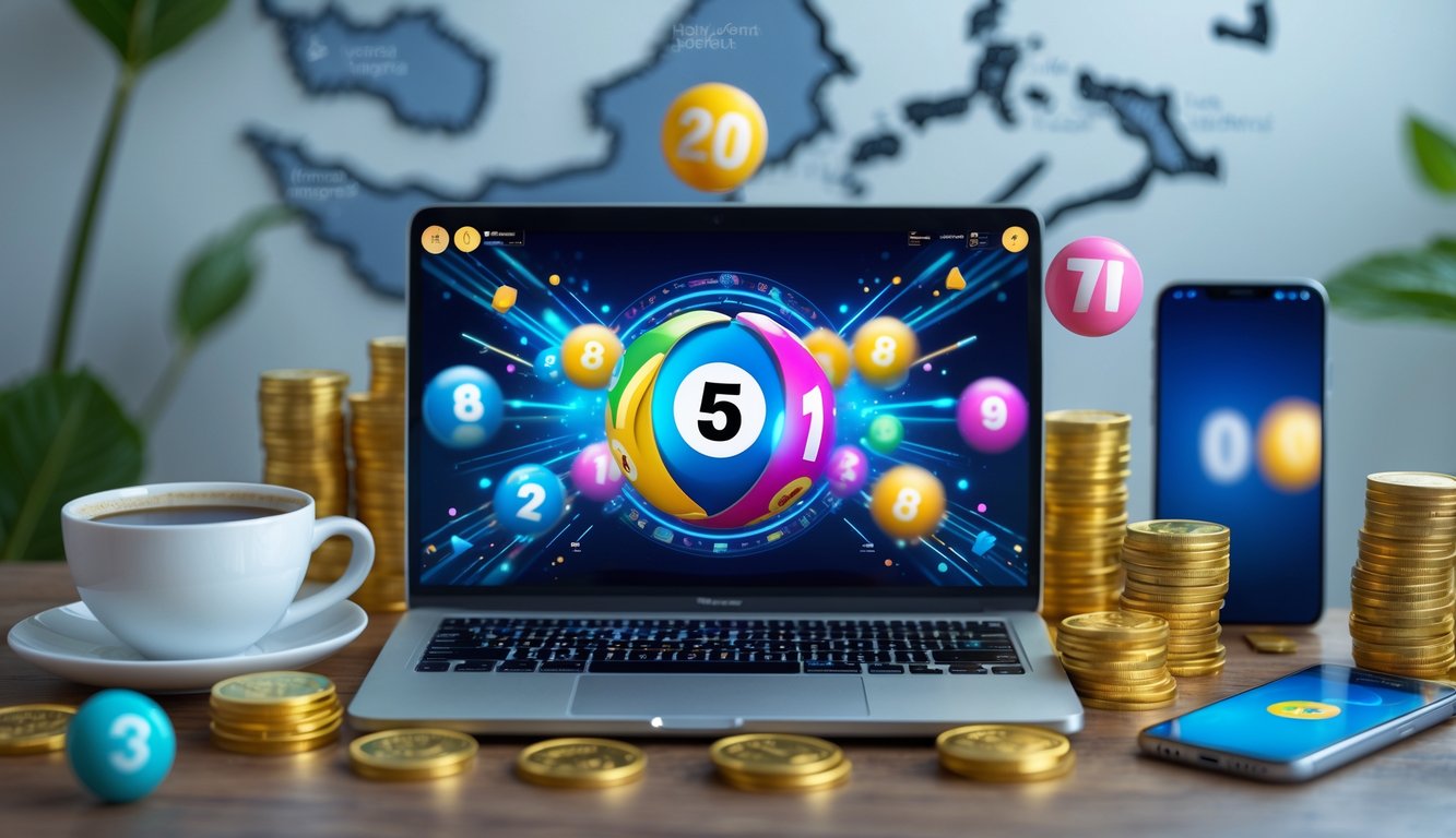 Meja kerja modern dengan laptop yang menampilkan antarmuka digital lotere, bola lotere, koin emas, dan peta Hong Kong serta Indonesia di latar belakang.