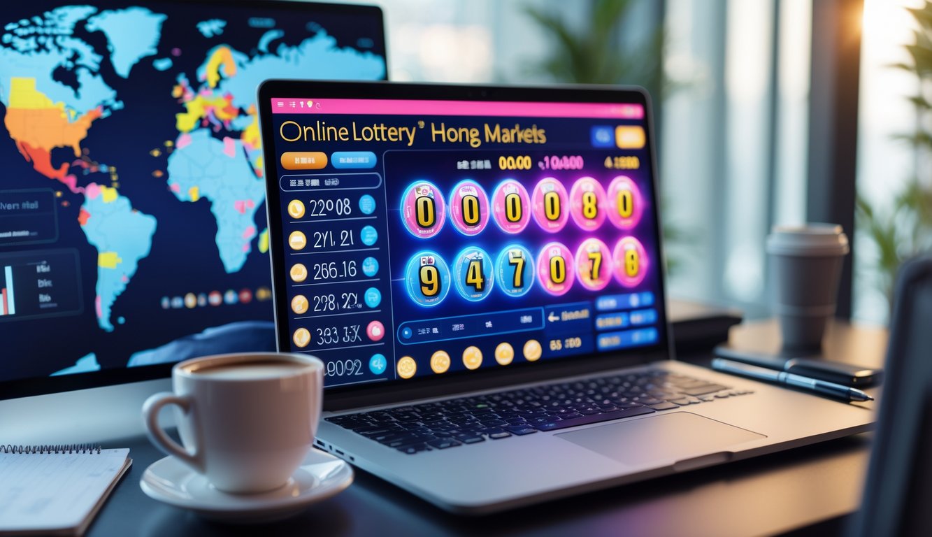 Meja kerja modern dengan laptop yang menampilkan antarmuka permainan togel online Hong Kong, dikelilingi oleh cangkir kopi dan alat tulis.