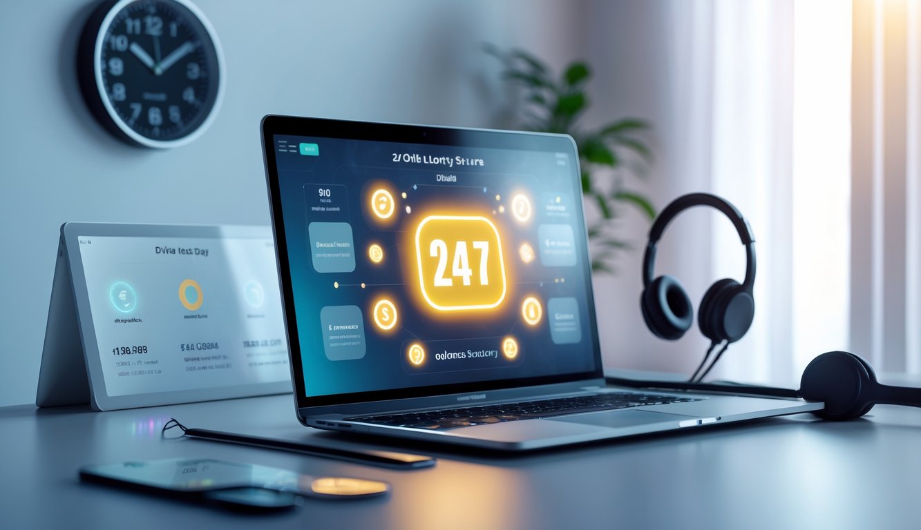 Meja kerja modern dengan laptop yang menampilkan antarmuka lotere digital, jam dinding, dan headset di sekitarnya.