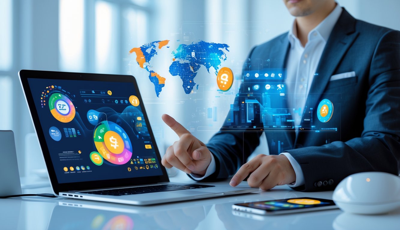 Seseorang menggunakan beberapa perangkat digital di meja kerja modern dengan grafik warna-warni dan ikon jaringan yang menunjukkan layanan togel online resmi 24 jam nonstop.