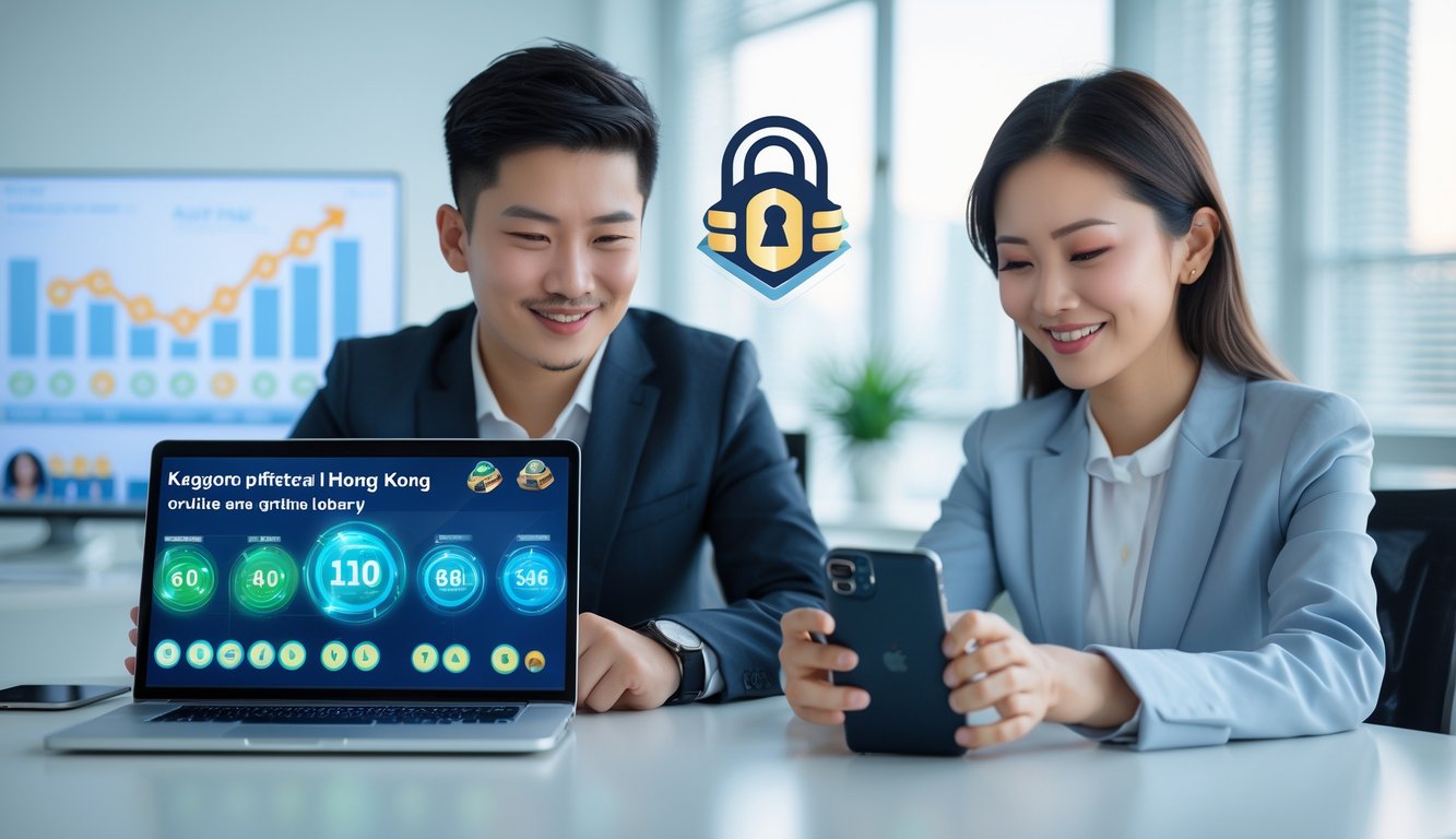 Dua orang muda duduk di meja modern menggunakan laptop dan ponsel, terlihat fokus dan optimis dalam suasana kantor yang terang dan profesional.