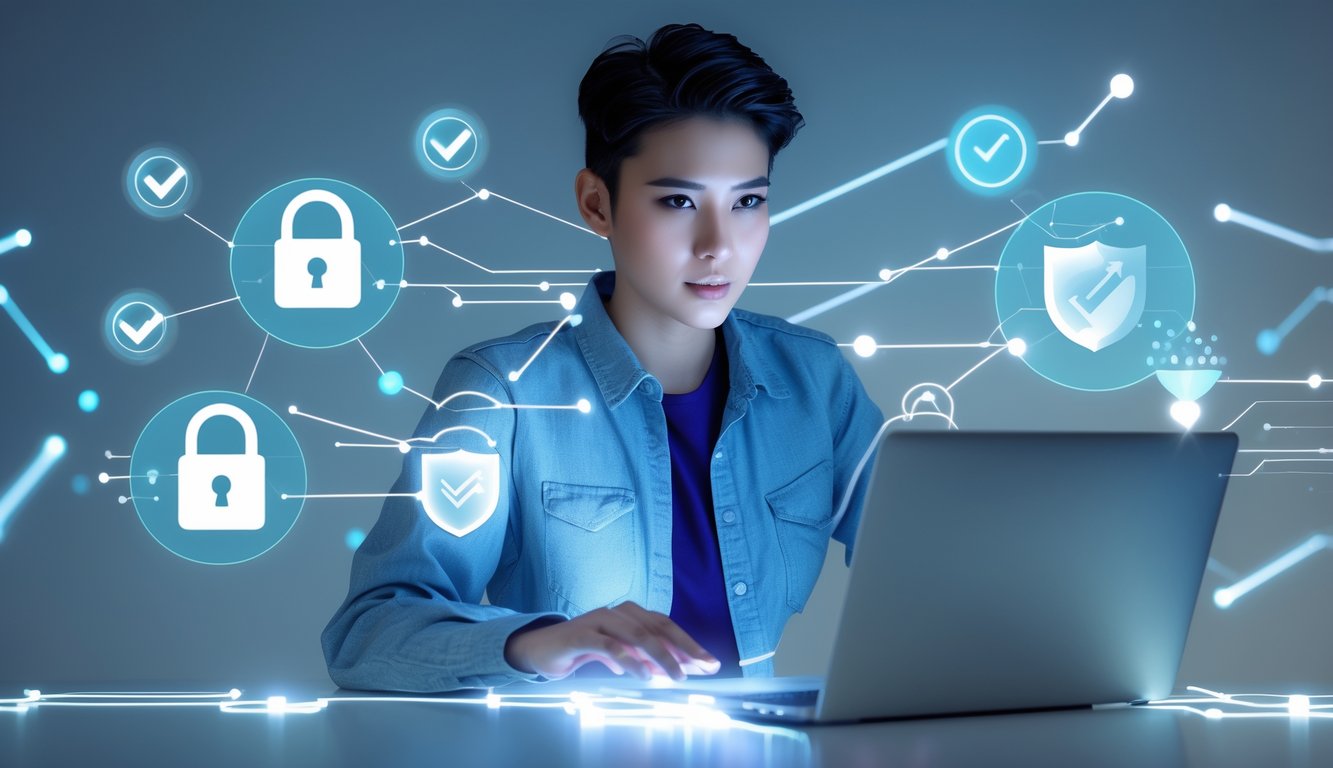 Seorang dewasa muda menggunakan laptop dan ponsel dengan latar belakang simbol keamanan dan transaksi digital.