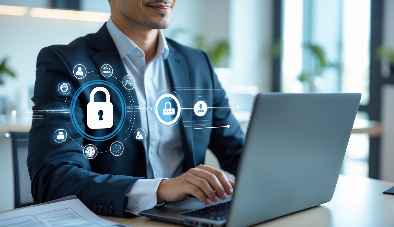 Seorang profesional menggunakan laptop di kantor modern yang terang dan rapi, menunjukkan suasana transaksi online yang aman dan cepat.