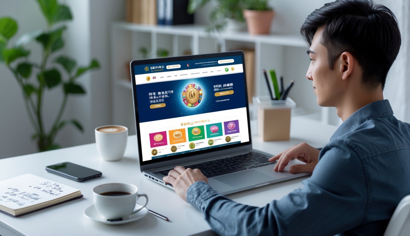 Seorang pria muda duduk di meja kerja menggunakan laptop dengan latar belakang rak buku dan tanaman dalam ruangan.