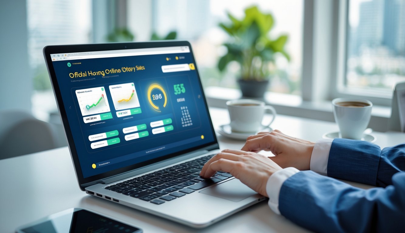 Meja kerja modern dengan laptop yang menampilkan antarmuka situs togel online, tangan seseorang sedang menggunakan laptop, dengan latar belakang pencahayaan alami dan dekorasi kantor minimalis.