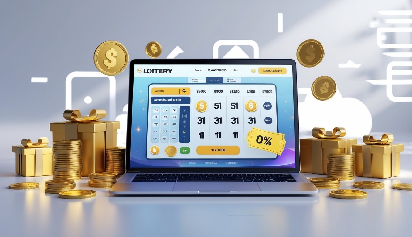 Meja kerja modern dengan laptop yang menampilkan antarmuka lotere online dan beberapa simbol hadiah serta koin di sekitarnya.
