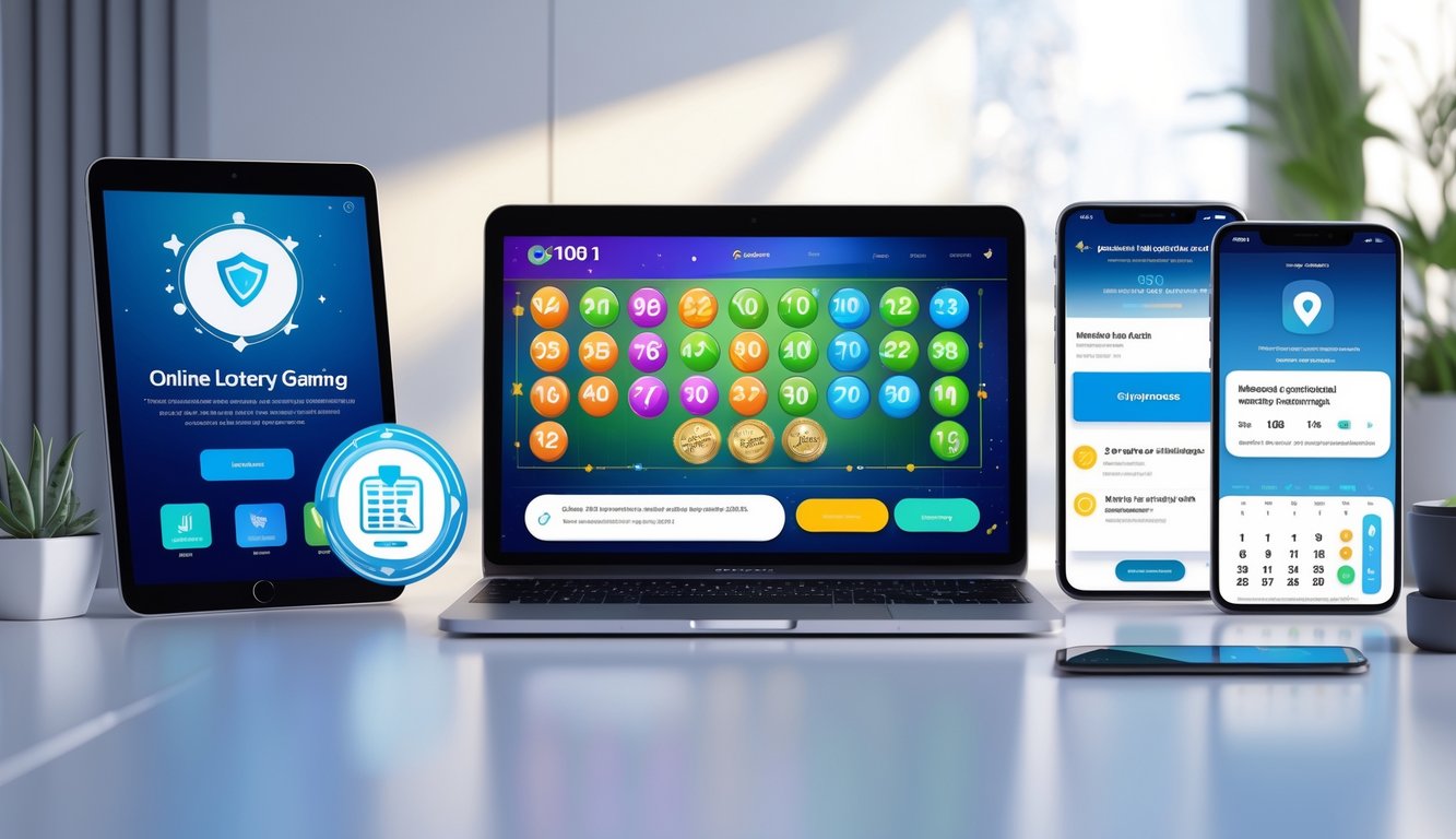 Meja kerja dengan laptop yang menampilkan situs togel online, tablet dengan ikon sertifikat digital, dan smartphone yang menunjukkan notifikasi bonus, di ruang yang bersih dan terang.