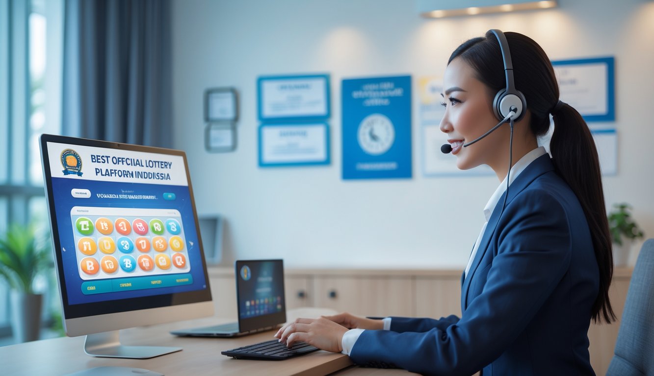 Seorang perwakilan layanan pelanggan profesional di kantor modern sedang bekerja dengan komputer yang menampilkan antarmuka lotere online.