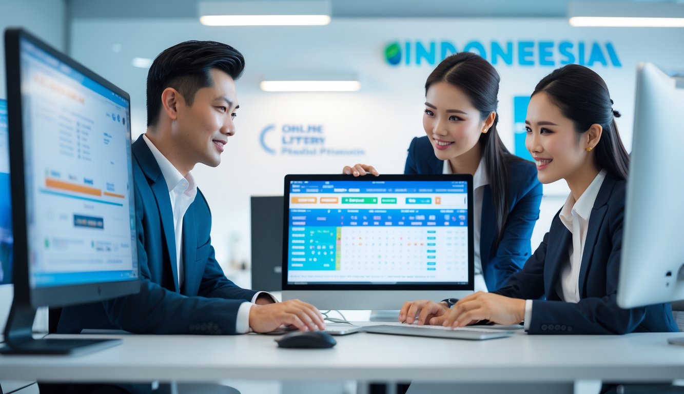 Dua orang profesional sedang bekerja bersama di kantor modern dengan beberapa layar komputer menampilkan data togel online.