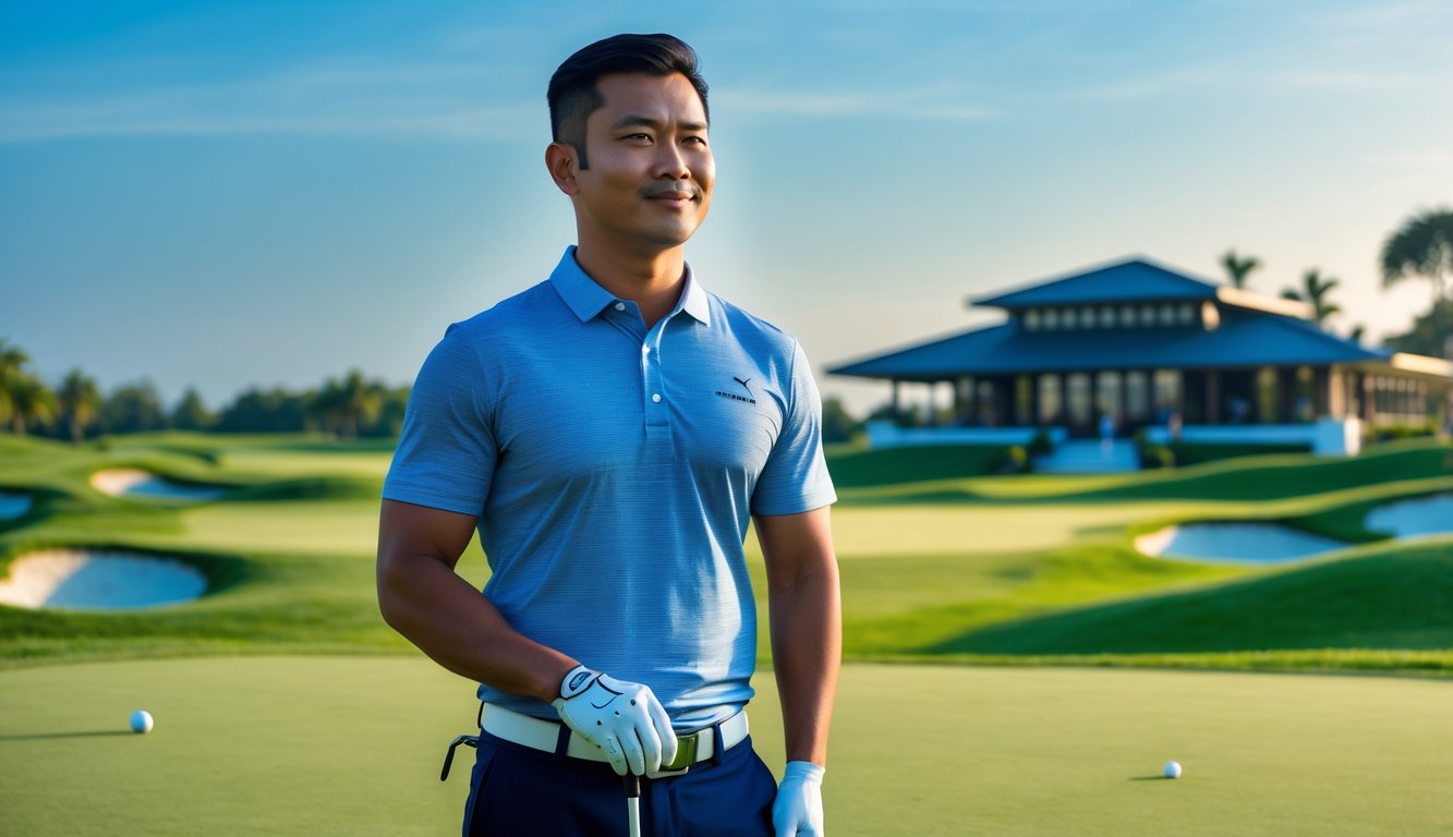 Seorang pria Indonesia berdiri di lapangan golf dengan pakaian golf, memegang stik golf, dengan latar belakang langit biru dan klub golf modern.