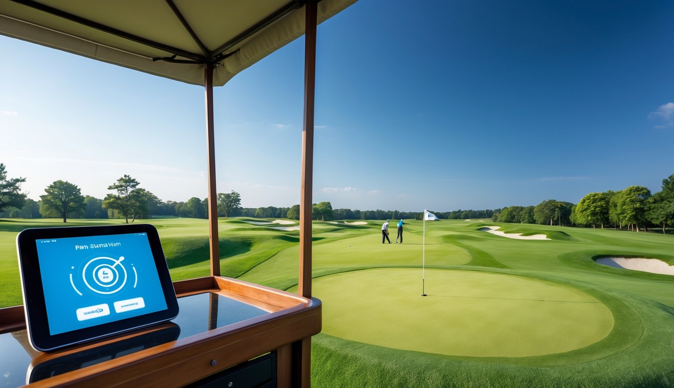 Pemandangan lapangan golf yang rapi dengan beberapa pemain golf dan perangkat pembayaran digital di dekatnya.