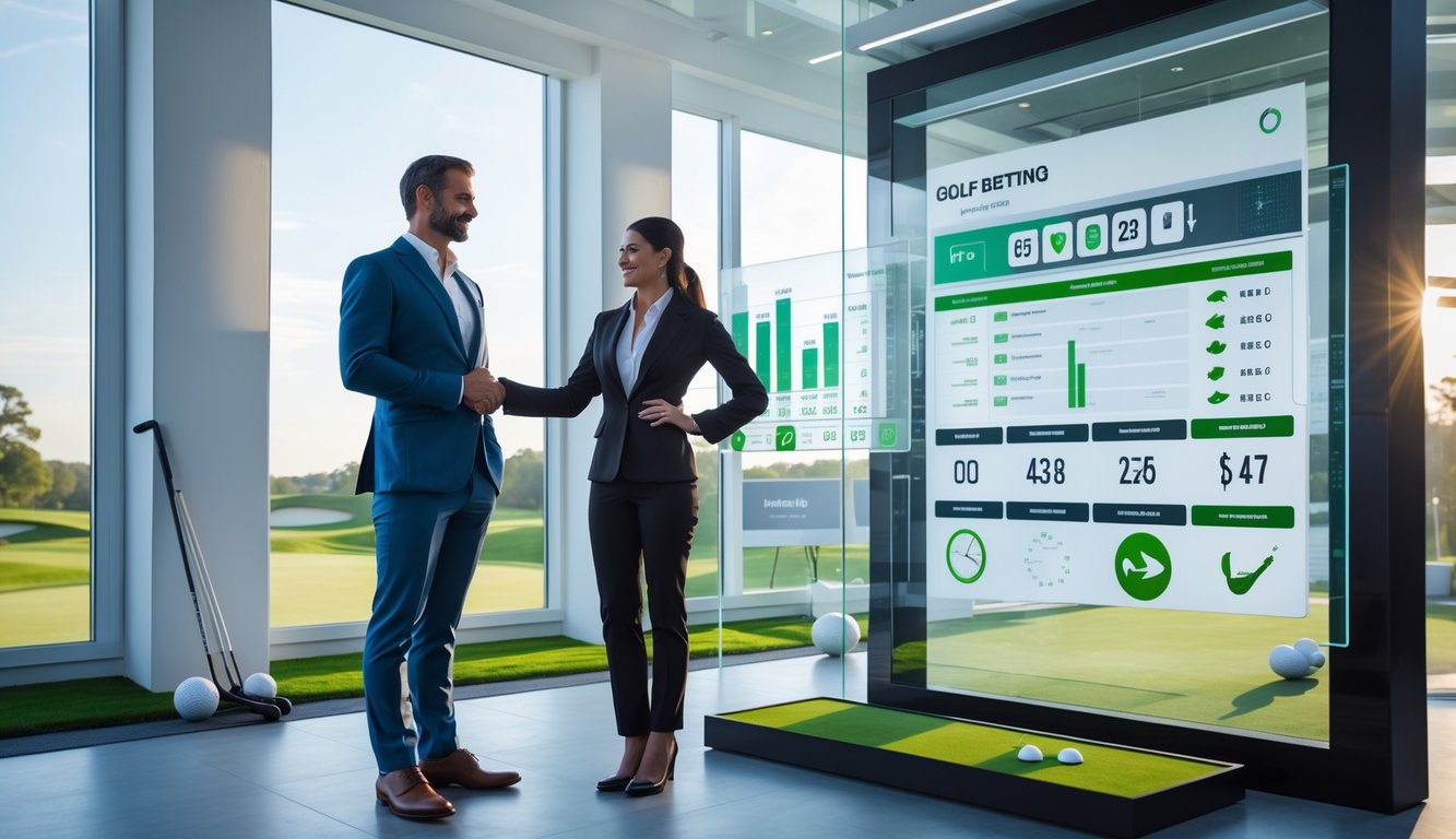 Seorang pria dan wanita berdiri di kantor modern dengan pemandangan lapangan golf, berinteraksi dengan layar digital yang menampilkan data taruhan golf.