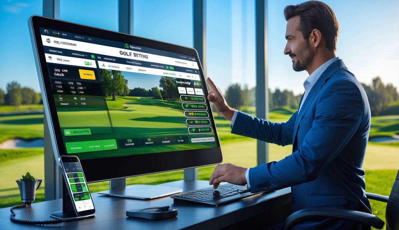 Seorang profesional menggunakan layar sentuh dengan latar belakang lapangan golf yang hijau dan cerah.