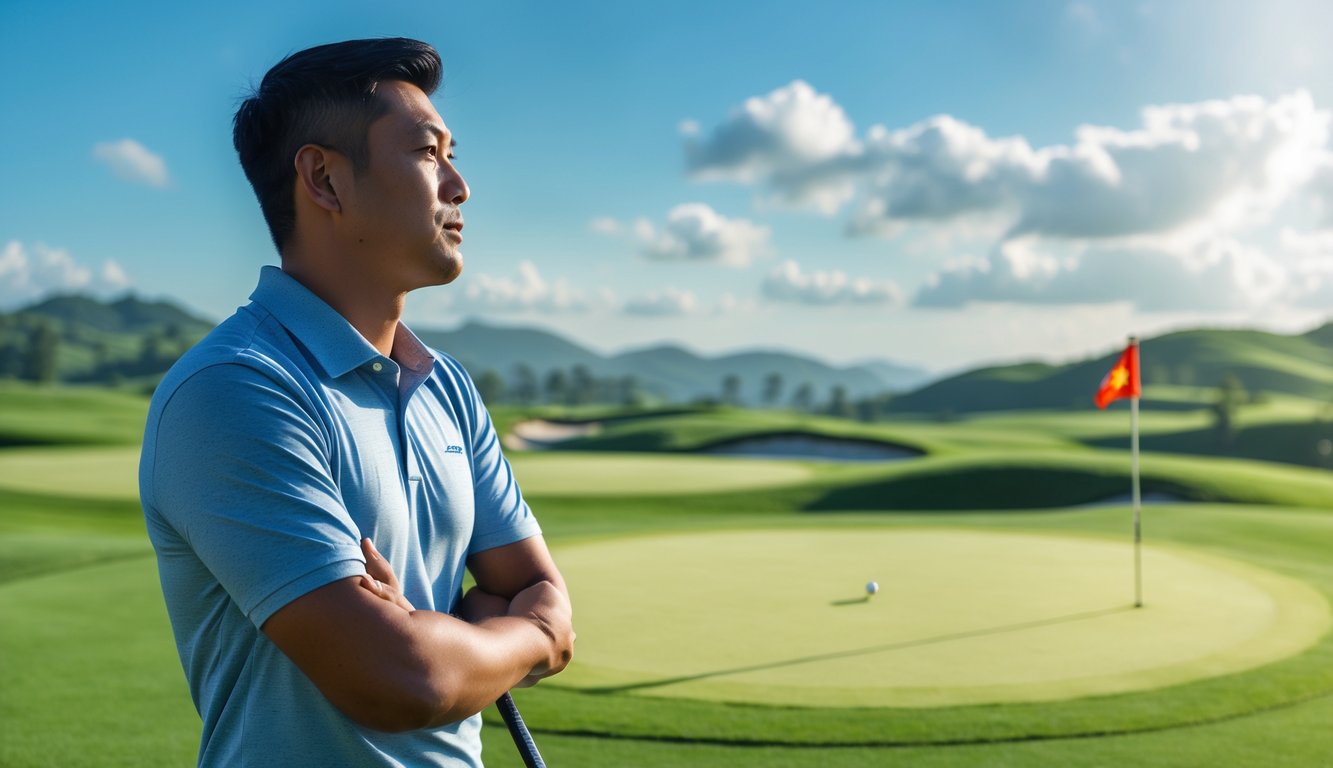 Seorang pria Indonesia berdiri di lapangan golf yang hijau sambil memegang stik golf, menghadap ke arah bendera di lapangan golf dengan langit cerah di latar belakang.