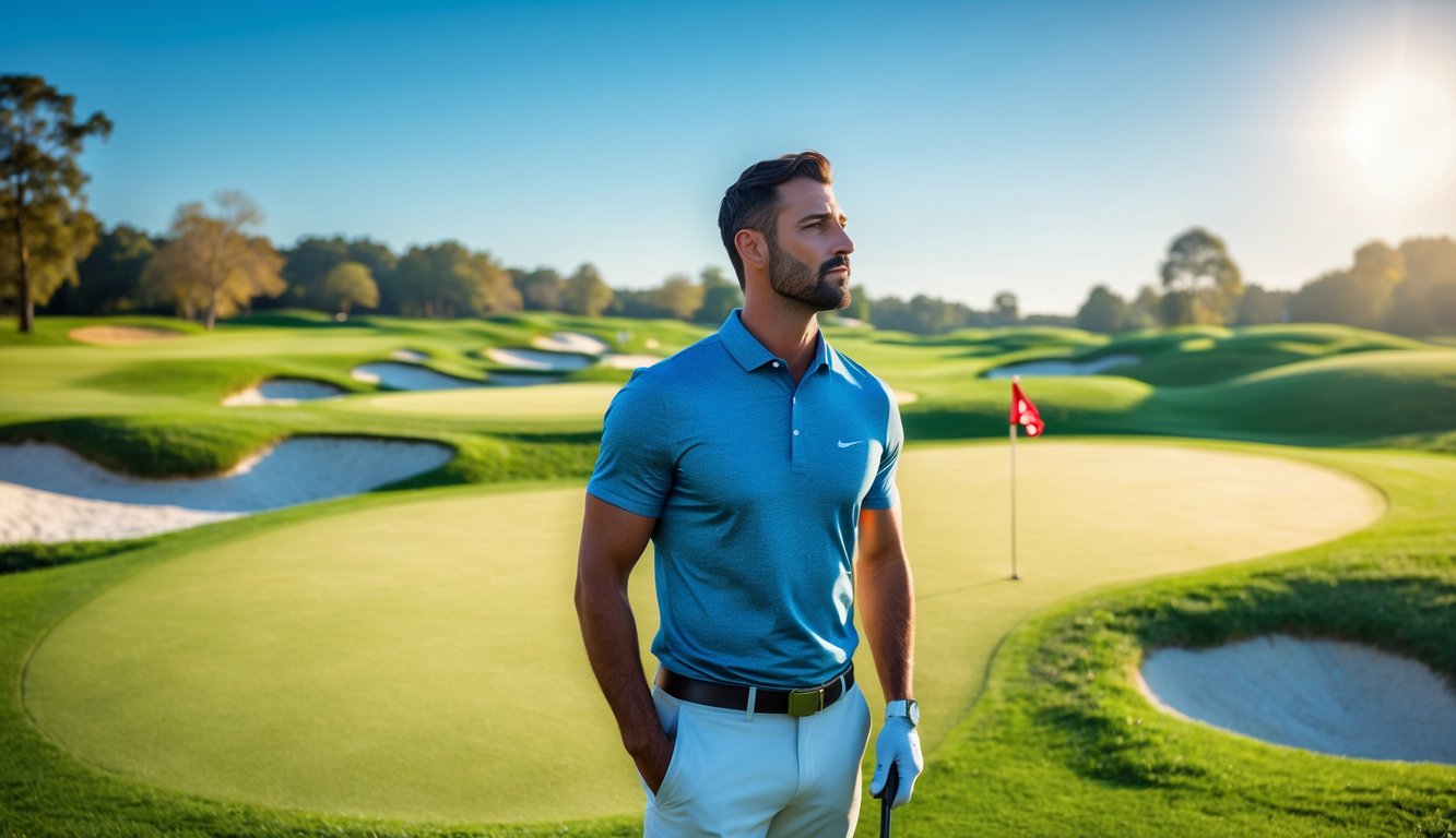 Seorang pria berdiri di lapangan golf yang hijau dengan tongkat golf, menghadap ke kejauhan pada hari cerah.