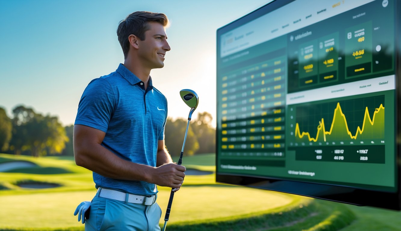 Seorang pria muda berdiri di lapangan golf dengan pakaian golf, memegang tongkat golf, dan melihat layar digital yang menampilkan situs taruhan golf.