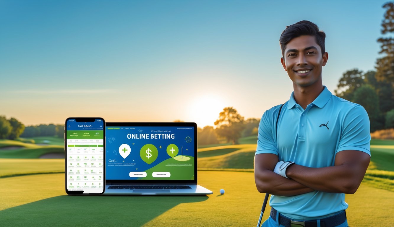 Seorang pria muda di lapangan golf yang rapi dengan laptop dan ponsel yang menampilkan antarmuka taruhan golf online.