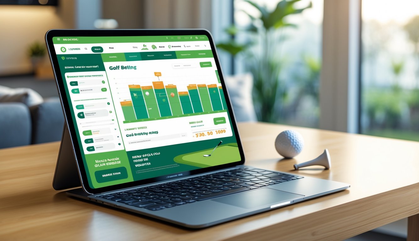 Seorang pengguna sedang melihat situs taruhan golf resmi online di laptop di atas meja dengan bola golf di sampingnya dalam ruangan yang terang.