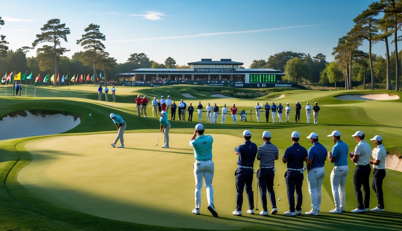 Lapangan golf yang rapi dengan beberapa pemain golf sedang berlomba dalam turnamen internasional dengan bendera berbagai negara di sekitar lapangan.