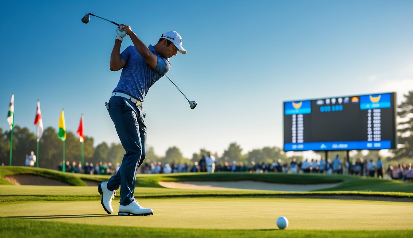 Seorang pegolf sedang melakukan ayunan di lapangan golf hijau dengan bendera internasional dan papan skor turnamen di latar belakang.