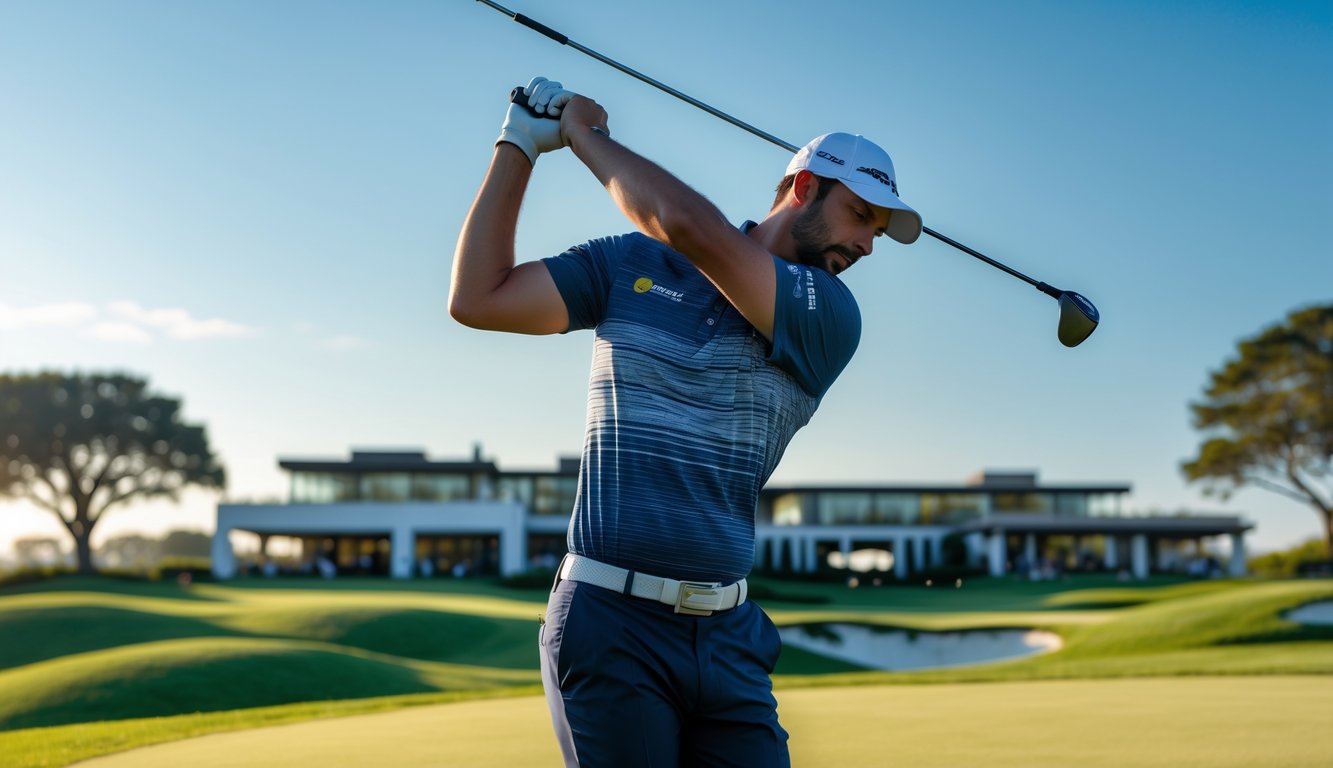 Seorang pegolf pria sedang mengayunkan tongkat golf di lapangan golf yang rapi dengan latar belakang clubhouse modern dan langit cerah.