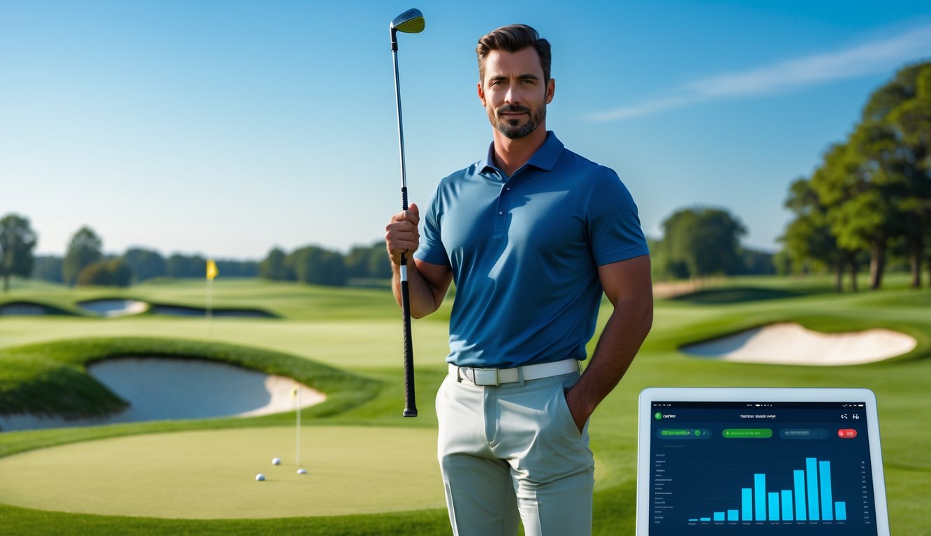 Seorang pria berdiri di lapangan golf hijau dengan tongkat golf, latar belakang langit biru dan bendera golf di kejauhan.