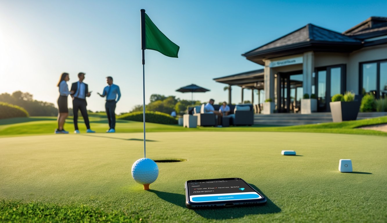 Lapangan golf yang rapi dengan bola golf dekat lubang dan bendera, latar belakang menampilkan clubhouse dan beberapa orang berbincang.