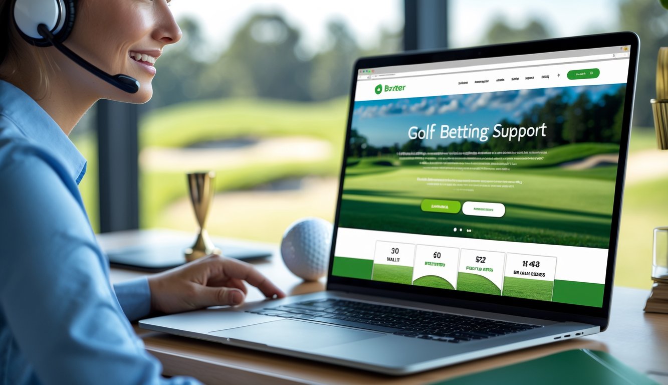 Seorang perwakilan layanan pelanggan dengan headset di meja kerja dengan laptop yang menampilkan situs taruhan golf, di latar belakang terlihat lapangan golf melalui jendela.