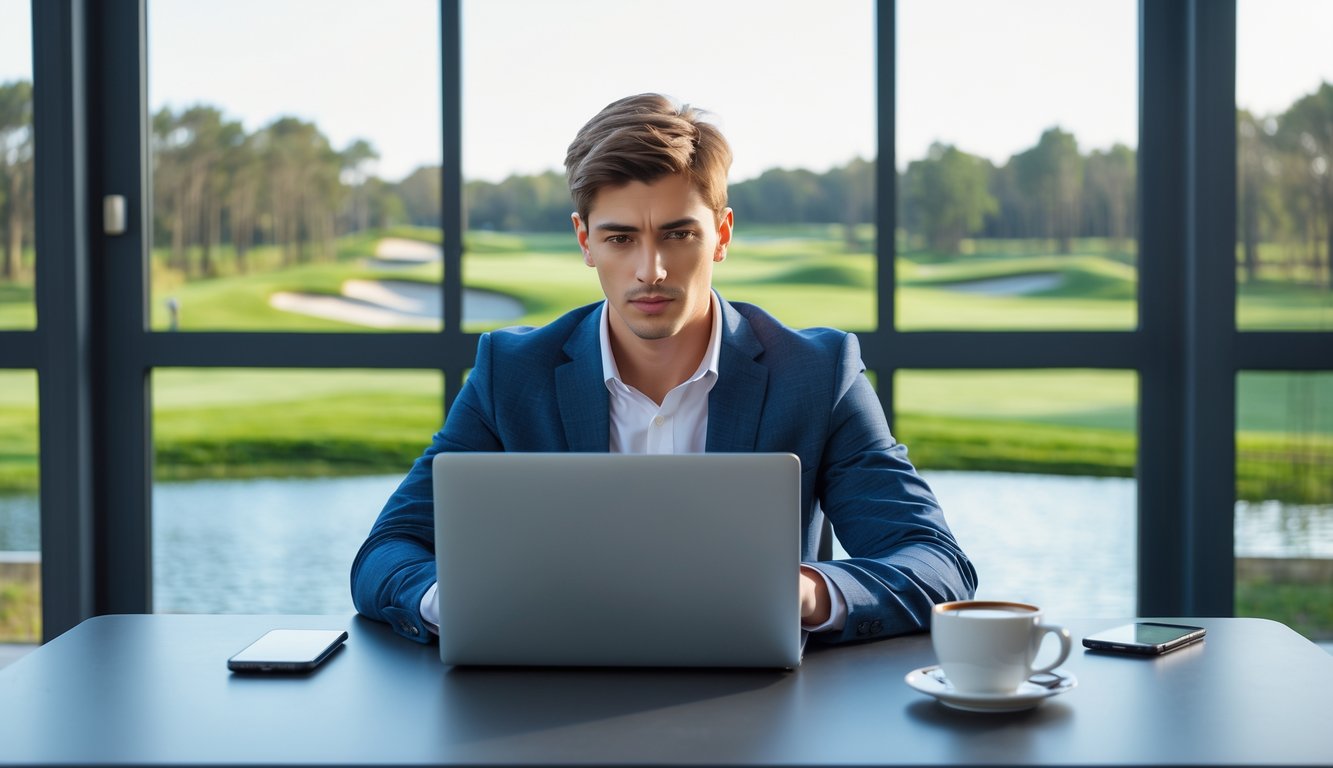 Seorang pria muda duduk di meja dengan laptop, di belakangnya terlihat lapangan golf melalui jendela besar.