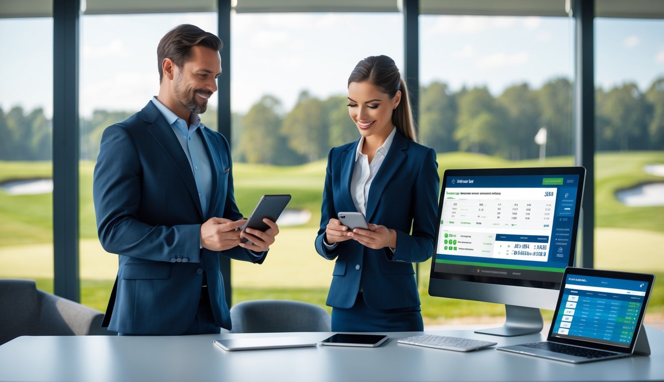 Seorang pria dan wanita berdiri di kantor modern dengan perangkat digital, latar belakang lapangan golf terlihat melalui jendela besar.