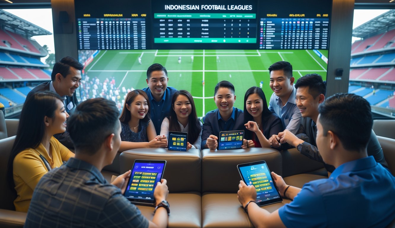 Sejumlah orang sedang melihat layar digital yang menampilkan statistik dan hasil pertandingan sepak bola di sebuah ruang taruhan modern.