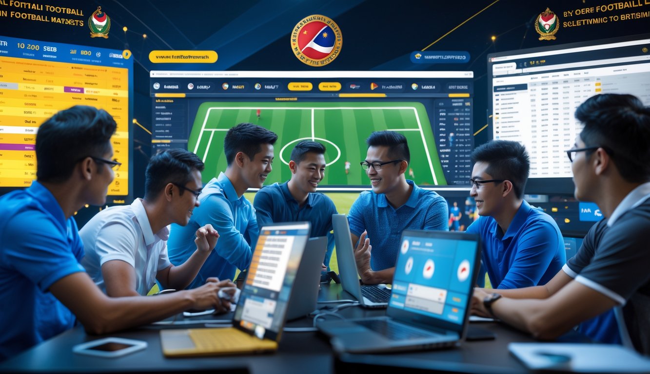 Sekelompok orang muda yang sedang menggunakan layar digital menampilkan pertandingan sepak bola dan statistik taruhan di lingkungan bertema olahraga dengan elemen budaya Indonesia.