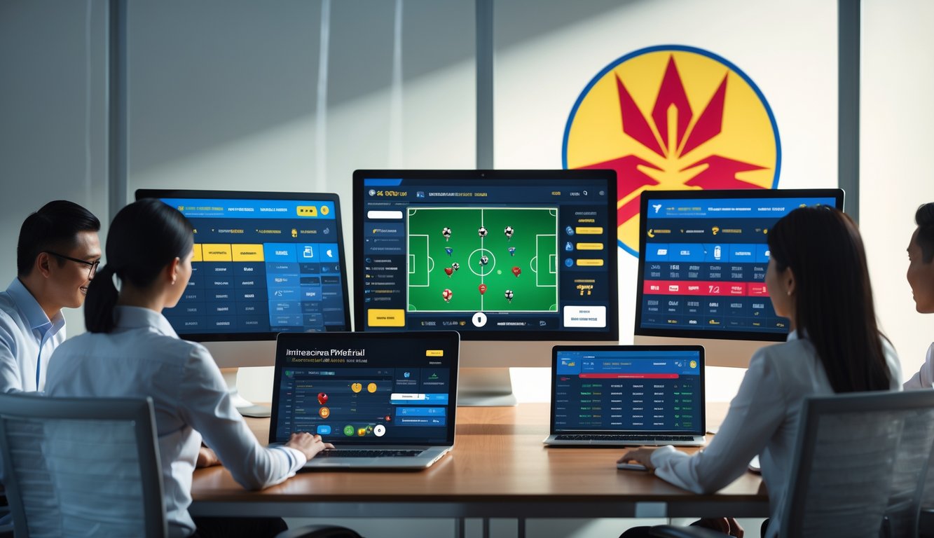 Orang-orang menggunakan perangkat digital untuk taruhan sepak bola online dengan latar belakang elemen budaya Indonesia.