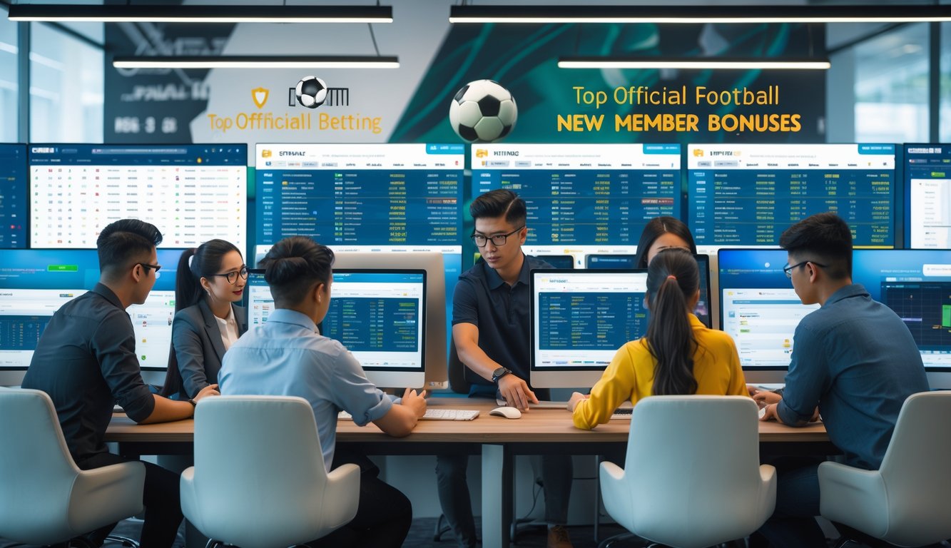 Sekelompok orang muda sedang bekerja bersama di kantor dengan layar komputer menampilkan data sepak bola dan taruhan.