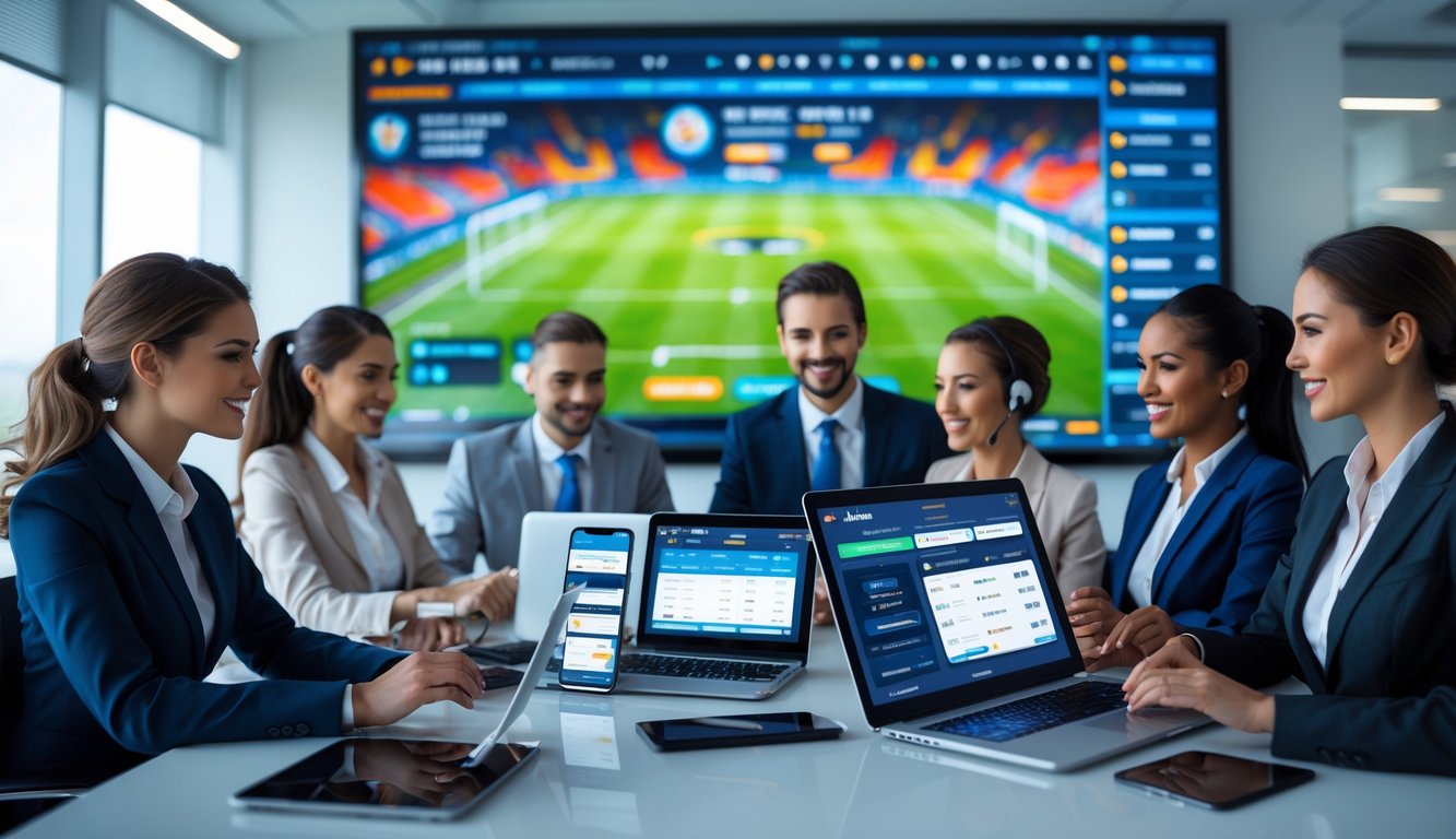 Orang-orang profesional menggunakan perangkat digital untuk taruhan olahraga dengan layar besar menampilkan pertandingan sepak bola secara langsung.