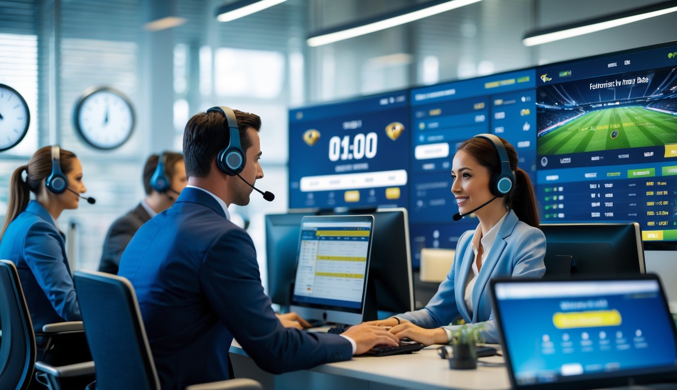 Tim layanan pelanggan profesional sedang bekerja di kantor modern dengan layar komputer menampilkan data taruhan olahraga secara real-time.