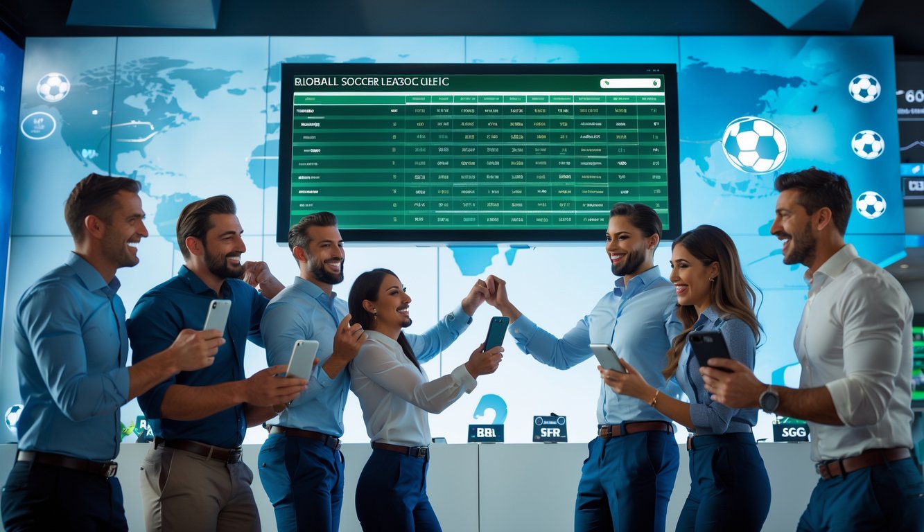 Sekelompok orang merayakan di depan layar digital besar yang menampilkan skor pertandingan sepak bola dunia dalam sebuah kantor taruhan olahraga modern.