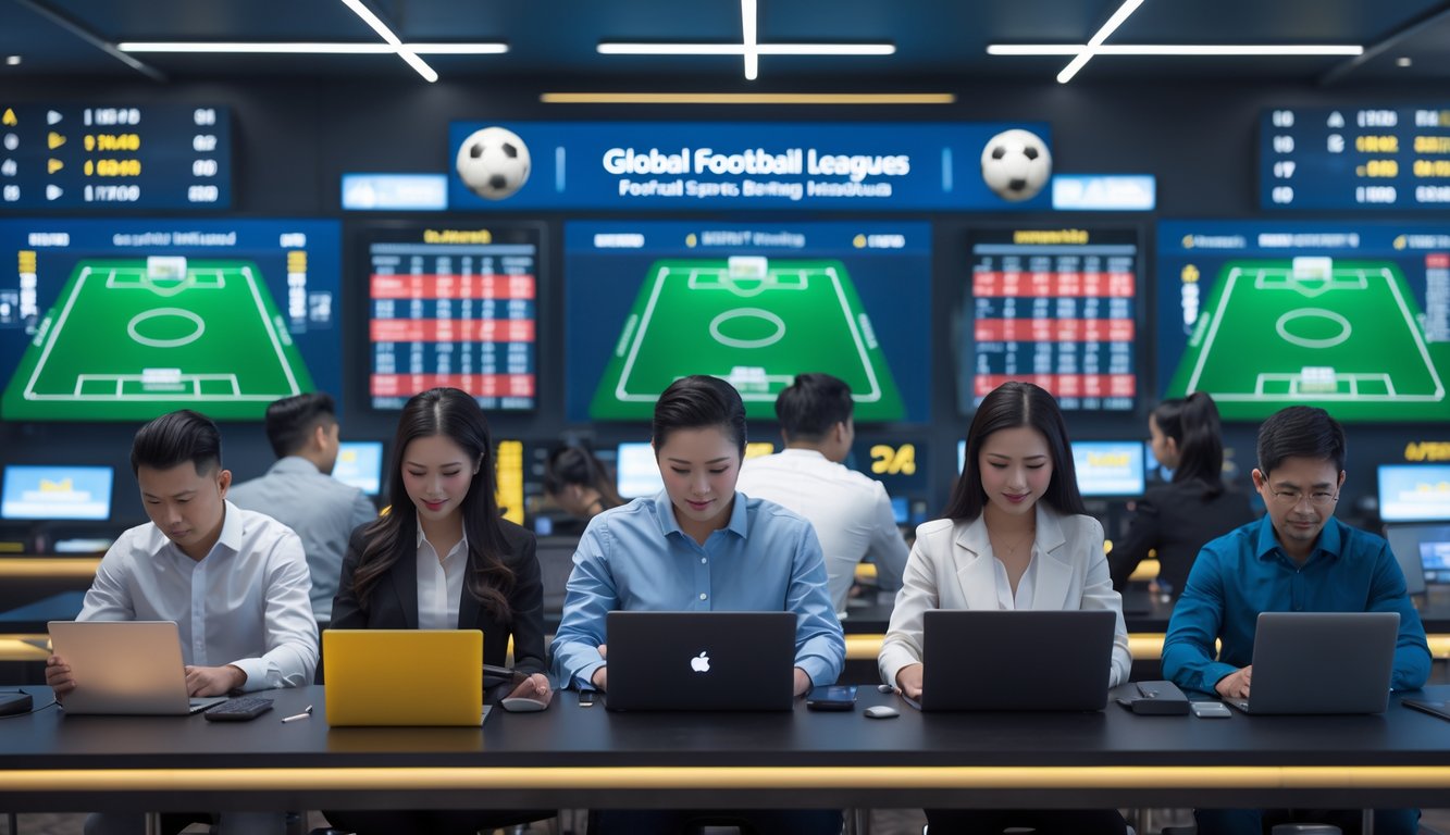 Beberapa orang sedang menggunakan perangkat elektronik untuk memasang taruhan pada pertandingan sepak bola internasional di sebuah ruangan modern yang terang.