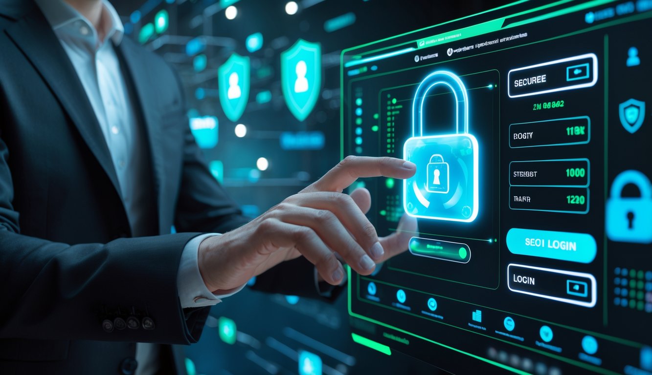 Seseorang menggunakan layar sentuh digital dengan elemen keamanan digital yang terlihat di latar belakang.