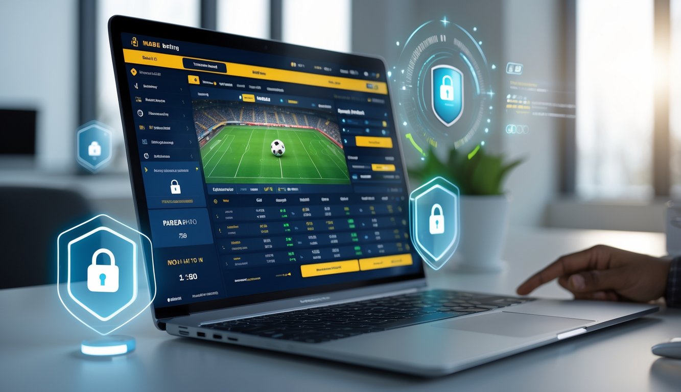 Seorang pengguna menggunakan komputer dengan tampilan antarmuka taruhan bola yang aman di lingkungan kantor modern.