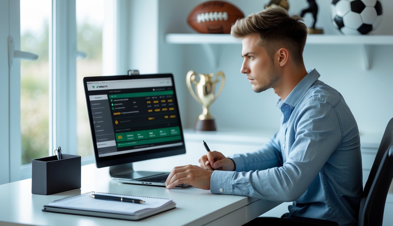 Seorang pria muda duduk di meja dengan laptop yang menampilkan situs taruhan olahraga, sedang menganalisis data pertandingan sepak bola di ruangan kantor rumah yang terang dan rapi.