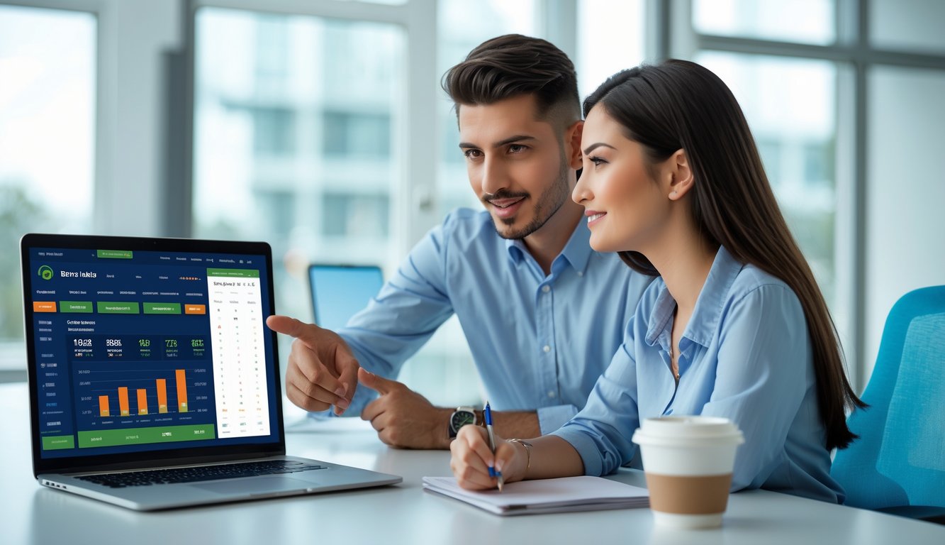 Dua orang muda duduk di meja dengan laptop, berdiskusi tentang taruhan olahraga di kantor yang terang dan rapi.