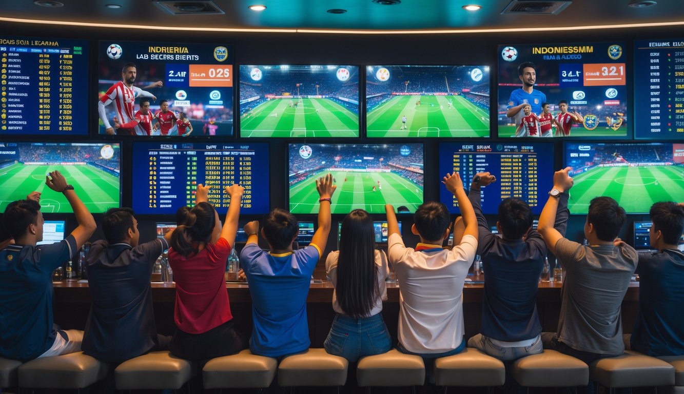 Sekelompok orang menonton pertandingan sepak bola di layar besar di sebuah ruang taruhan olahraga yang modern dan ramai.