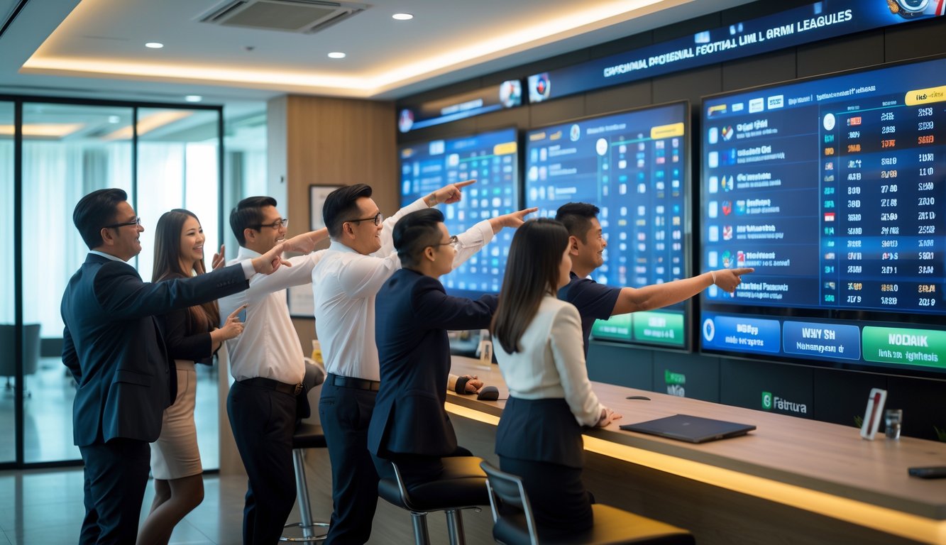 Sekelompok orang sedang melihat layar besar yang menampilkan pertandingan sepak bola dan informasi taruhan di sebuah ruangan modern.