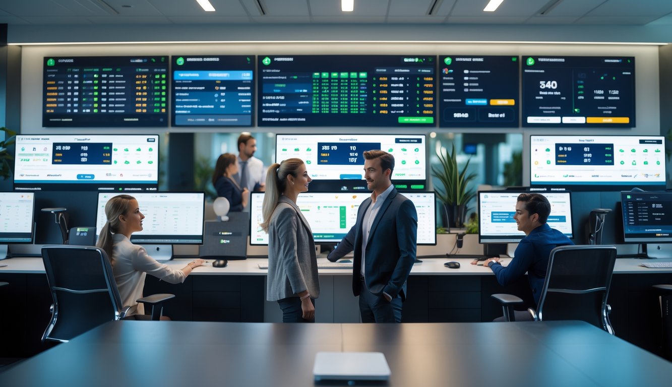 Orang-orang yang sedang melihat layar komputer dengan data taruhan olahraga di sebuah kantor modern.