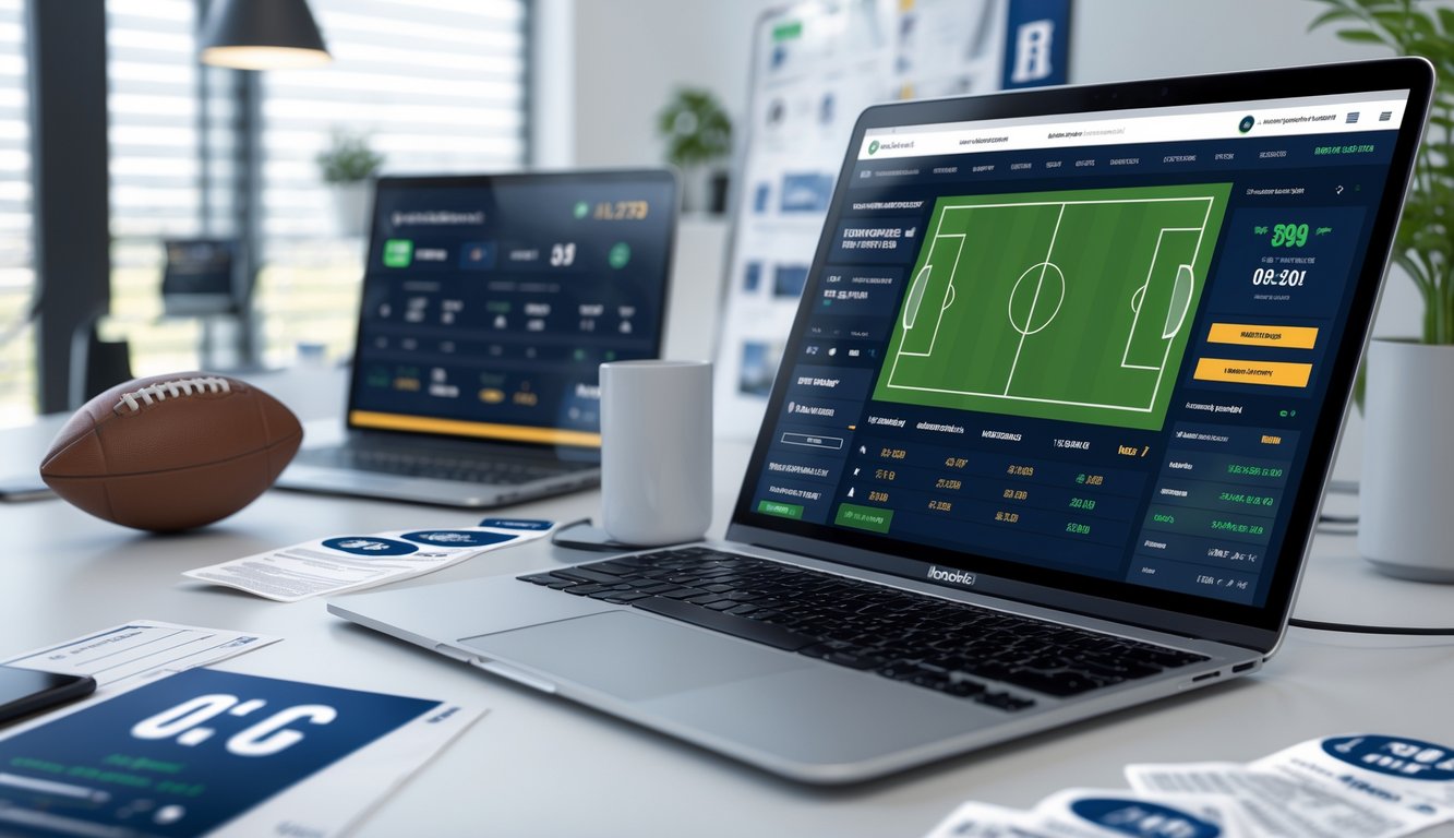 Seorang pengguna duduk di depan komputer dengan tampilan taruhan sepak bola digital dan bola sepak di meja.